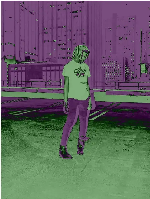 Schwarz-weiß-Fotografie mit violetter Farbe im css background-blend-mode: difference